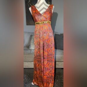 Vintage 60s Psychedelic Paisley Palazzo Jumpsuit Gold Trim Boho Gorgeous